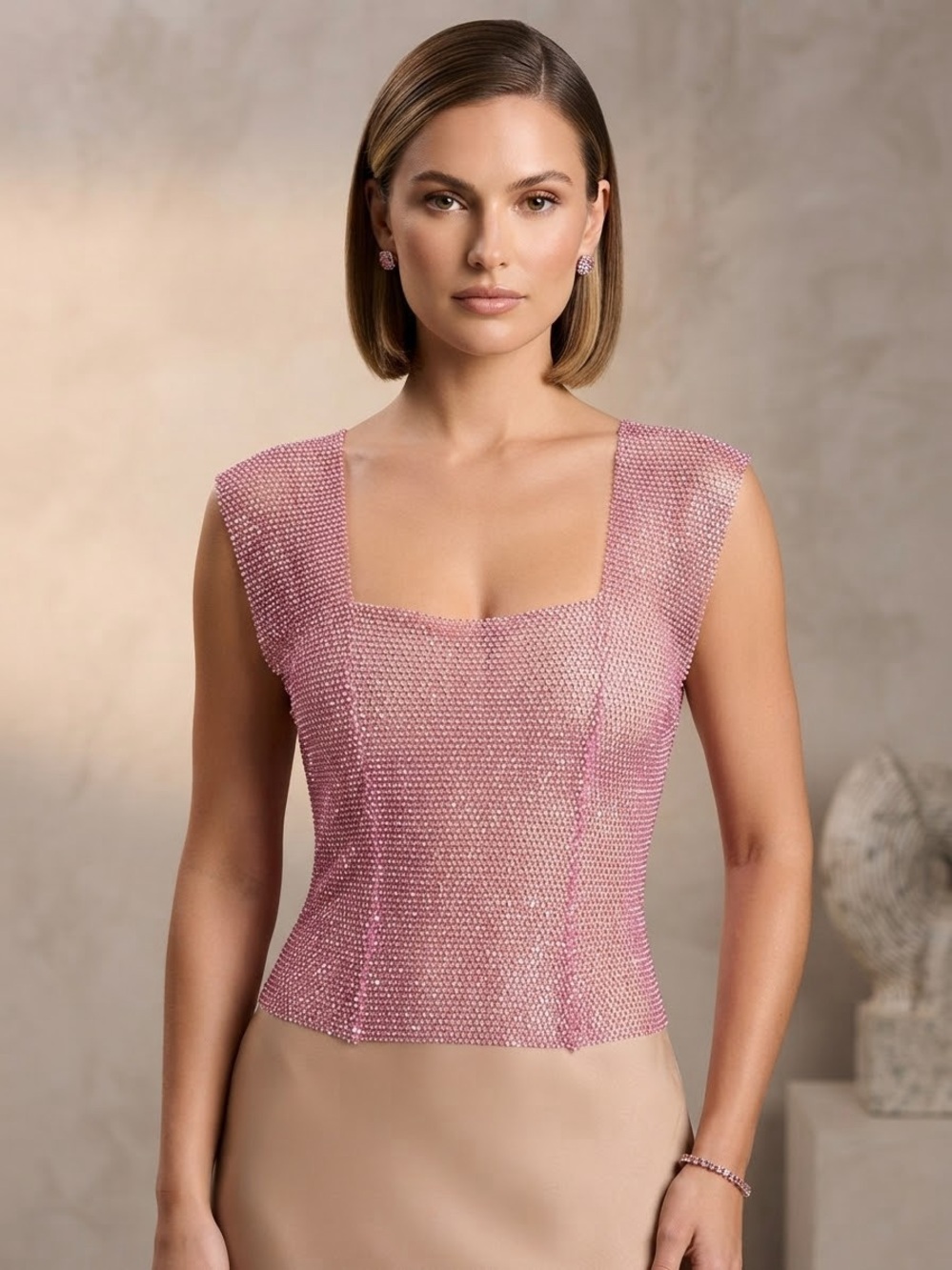 Pink Rhinestone Mesh Crop Top - Picture 2 of 2